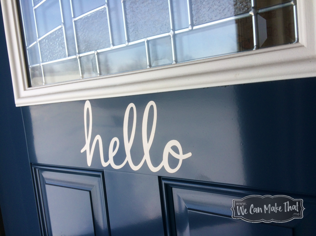 practicing creative therapy by adorning my blue door with white vinyl hello sign