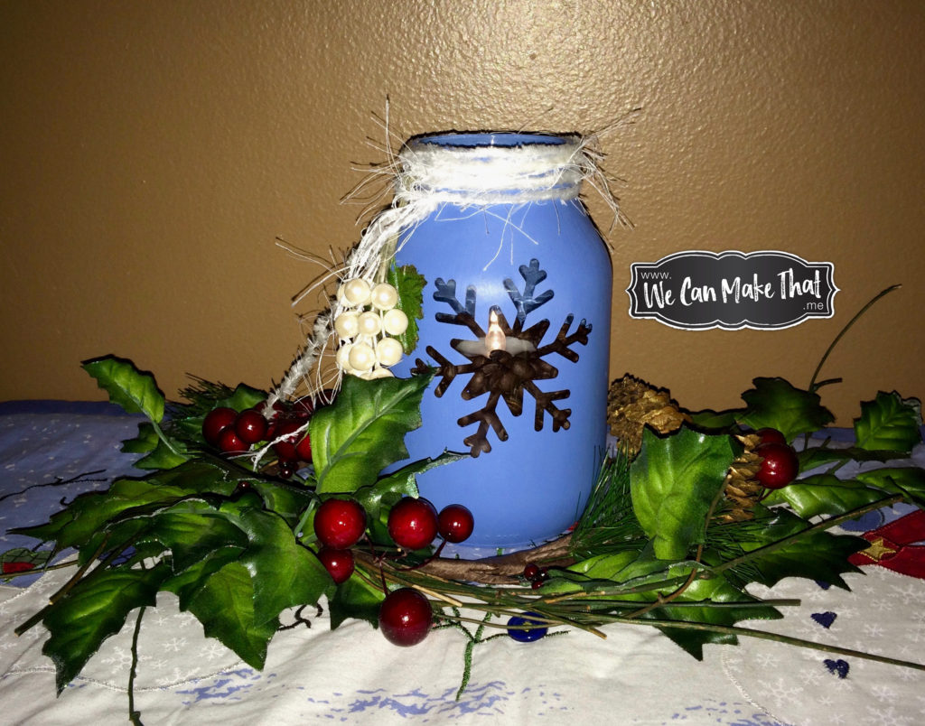 Recycled pickle jar as Christmas tea light using chalk paint and Cricut svg stencil