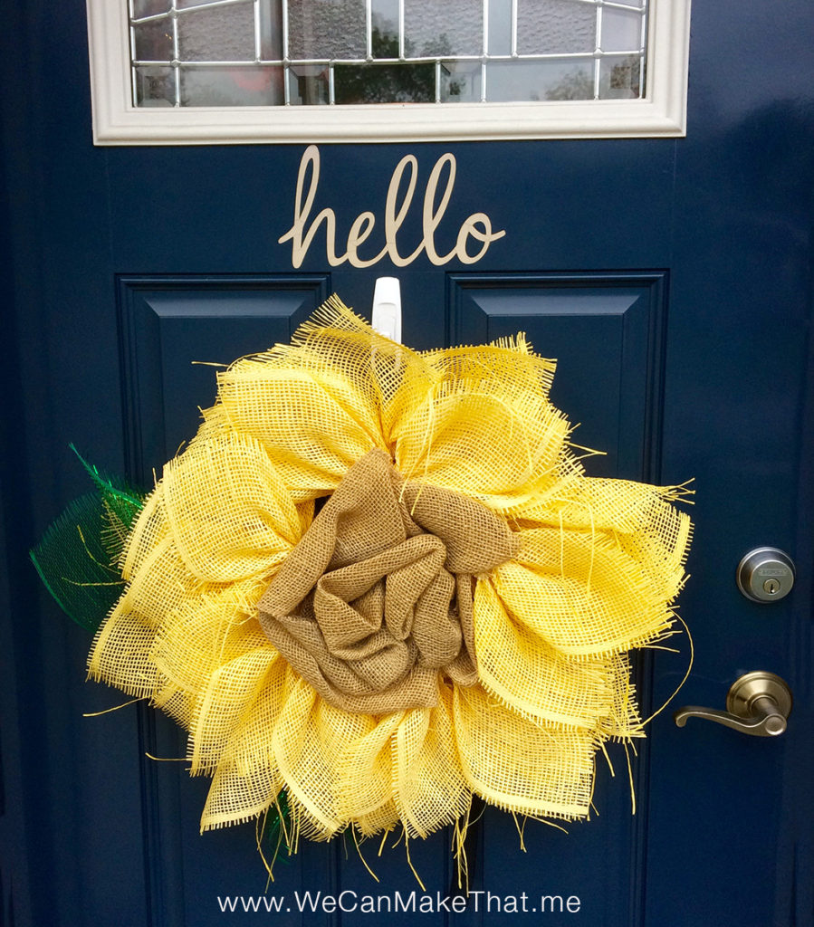 Burlap wreath hello door