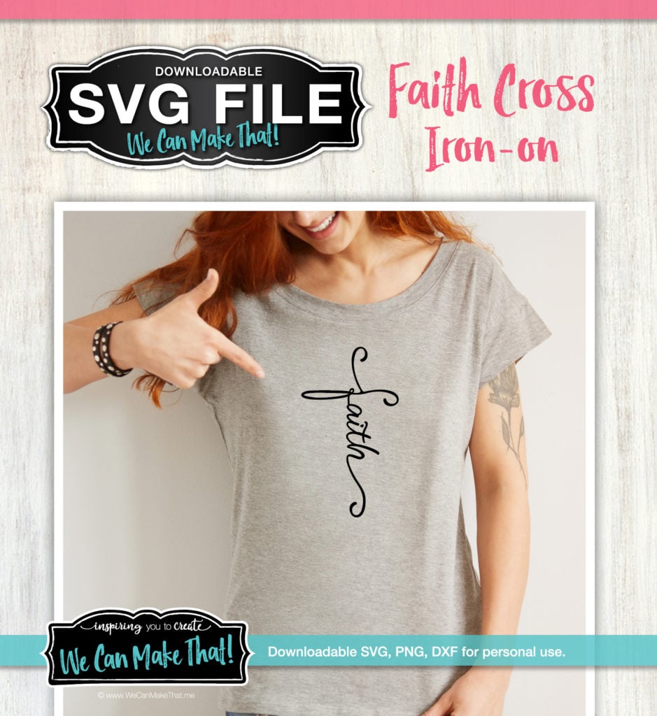 A woman pointing to the shirt she's wearing that says faith placed vertically.