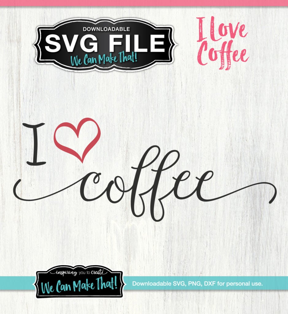 Decorative text saying "I love coffee" with the "love" replaced with a pink heart against a light wood background.