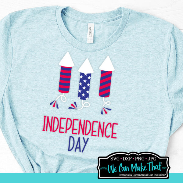 SVG Fireworks design in red white and blue mockup on an ice blue shirt.