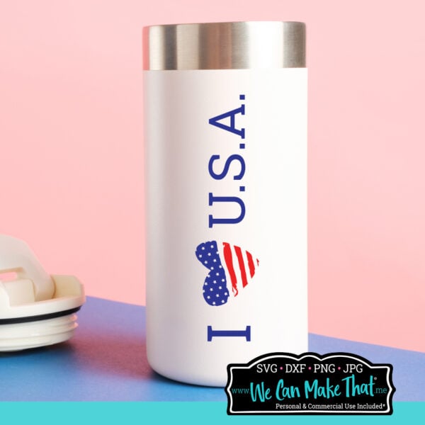 I Heart USA SVG file with heart USA Flag on a white waterbottle, pink background.