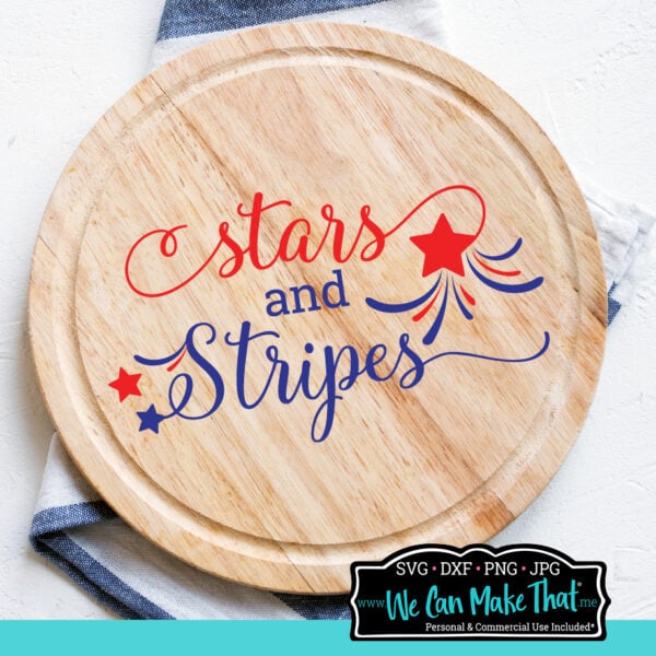 Red and blue Stars and Stripes in script with stars on a wooden sign.