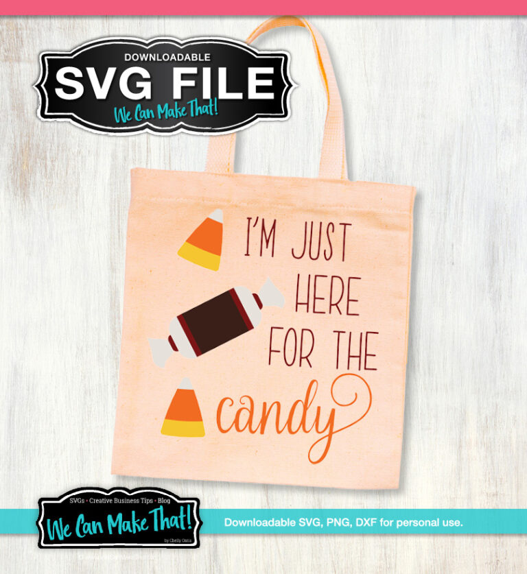 Peach tote bag with the text "I'm just here for the candy" printed on it together with candy graphics.