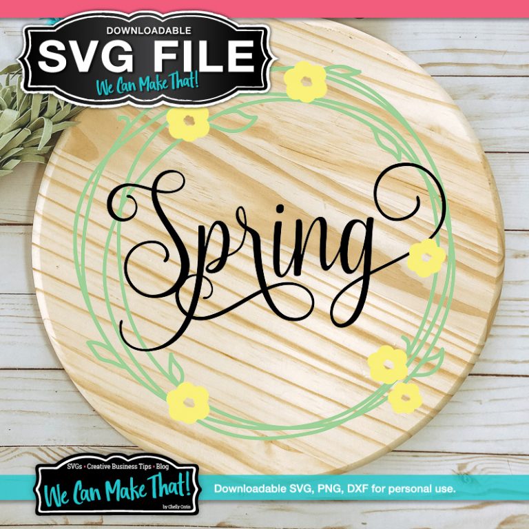 Design with a text saying "Spring" enclosed in a spring wreath printed on a wooden circular tray.