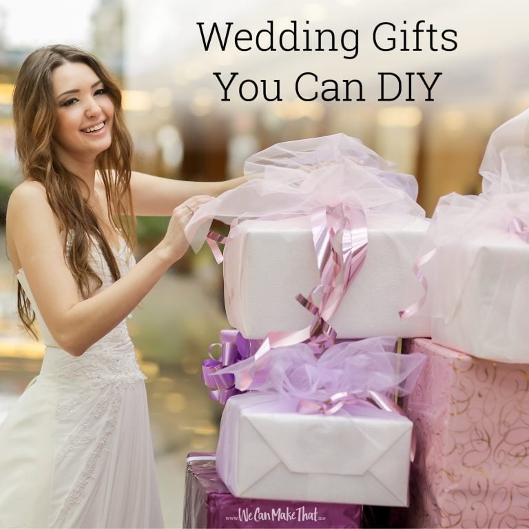 Cover photo for wedding gifts that you can DIY, featuring a young female looking at a stack of wedding gifts.