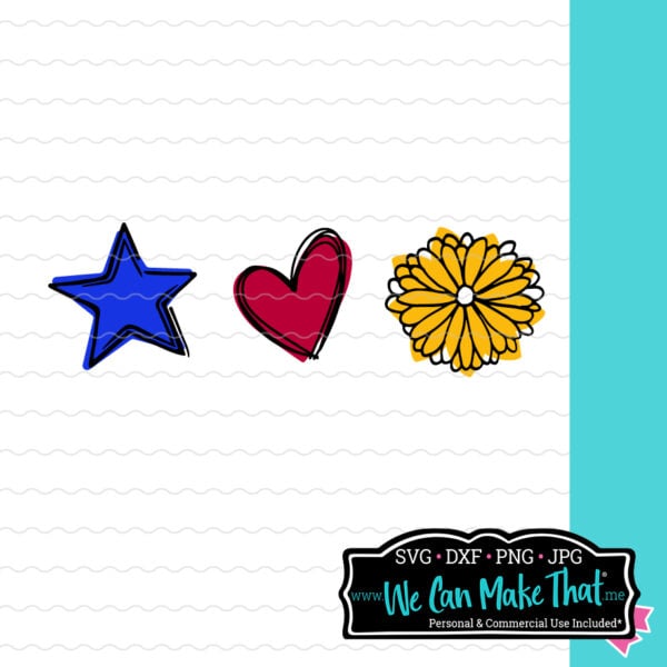 SVG design Blue star, Red Heart and yellow follower with doodle.