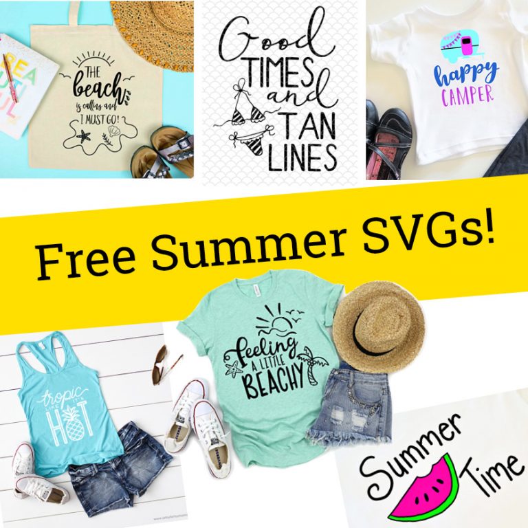 Free summer SVG cut files and a collage of items they can be printed on such as shirts and tote bags.