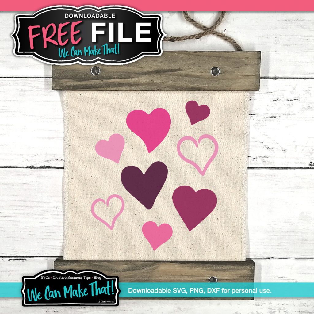 Hearts of different shapes and different shades of pink printed on a burlap frame. At the upper right is the text "Free File" and at the lower right is the We Can Make That logo.