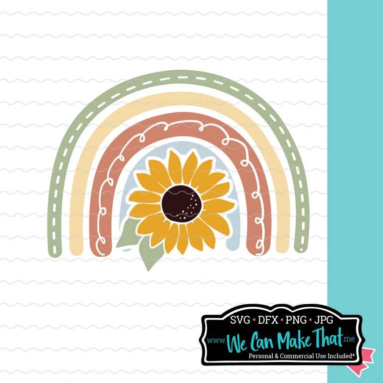 Boho illustration of a rainbow with a sunflower underneath it, placed on a white lined background. At the bottom right is the We Can Make That logo.