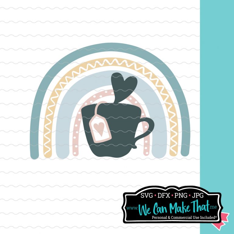 Boho illustration of a rainbow with a cup of tea underneath it, placed on a white lined background. At the bottom right is the We Can Make That logo.