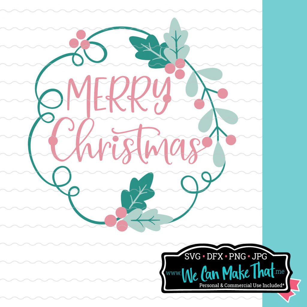 Circular "Merry Christmas" wreath design in red and green displayed on a lined white background. At the bottom right is the We Can Make That logo.