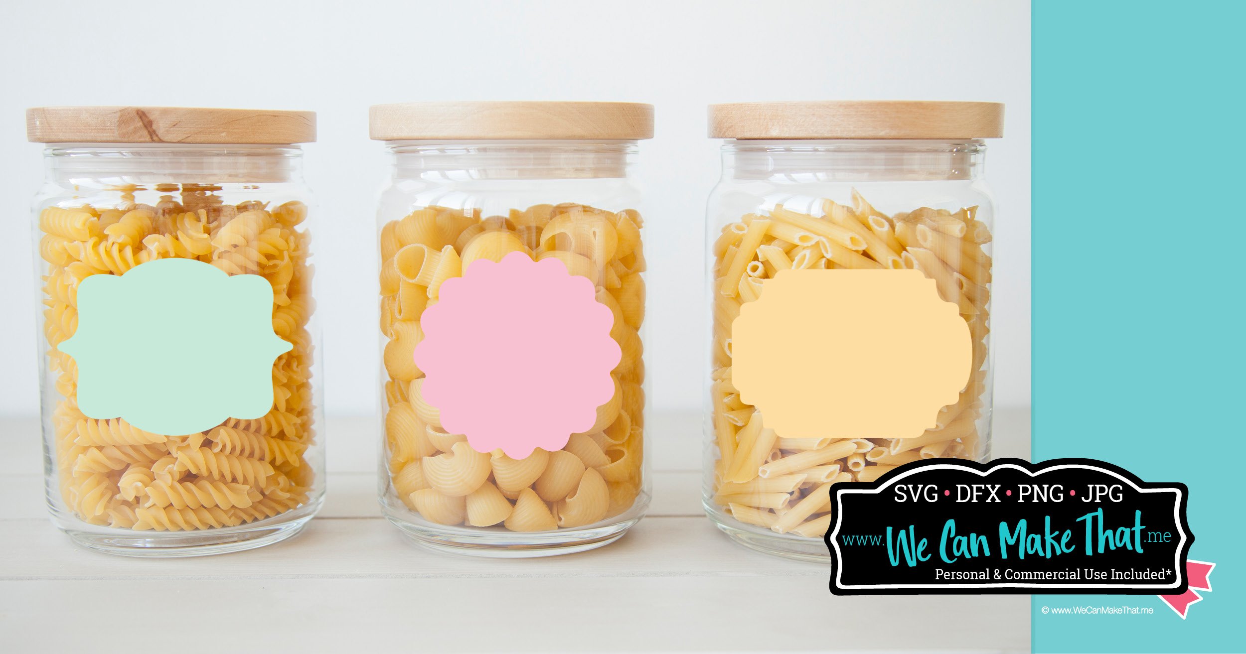 Three glass jars with pasta inside, labeled with yellow and pastel-colored blank label designs in soft shades. At the bottom right is the We Can Make That logo.