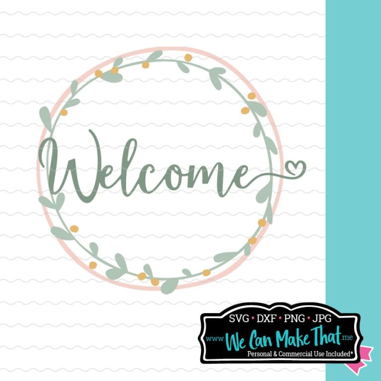 Text "Welcome" in decorative style enclosed in a wreath of leaves and pink circle. The design is against a white lined background.