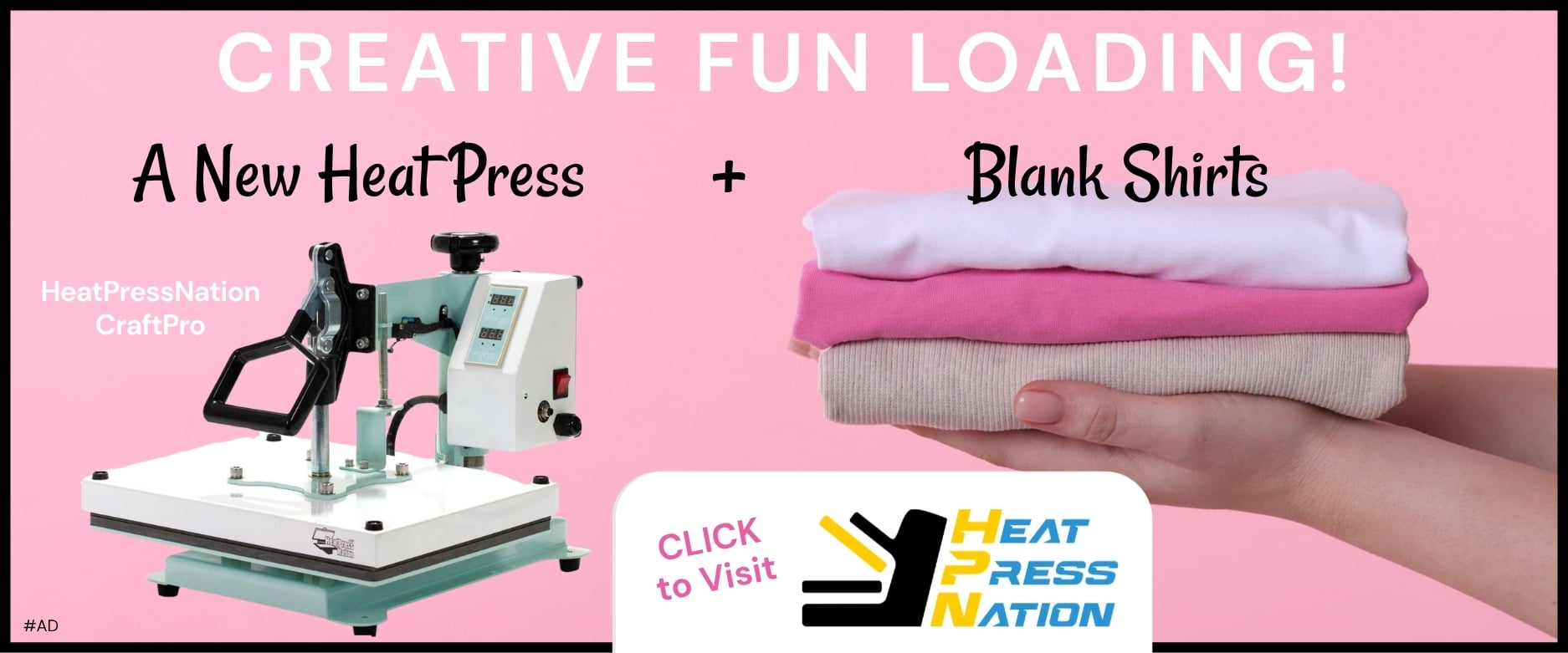 HeatpressNation and shirts ad on pink.
