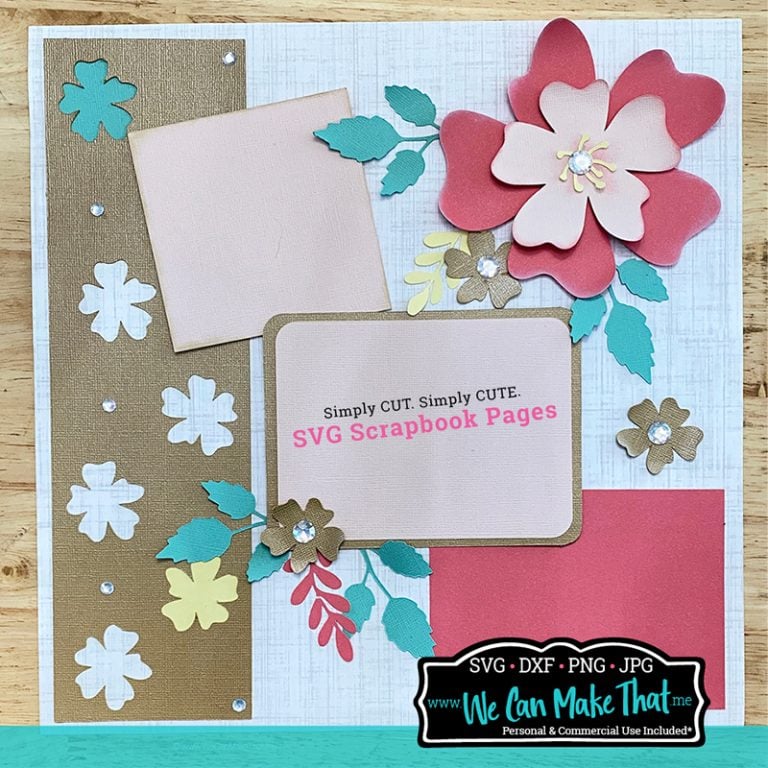 Similar scrapbook page with floral decorations, two blank white squares, and a pink rectangle, with text suggesting customizable designs.
