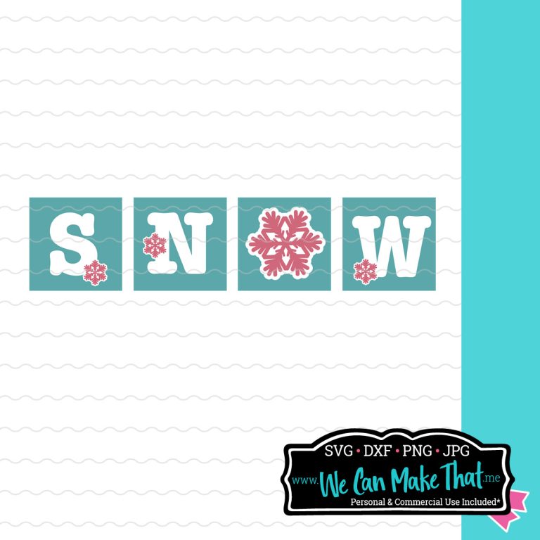 Decorative text "SNOW" with the letter "O" in a snowflake design and each letter enclosed in a teal square.