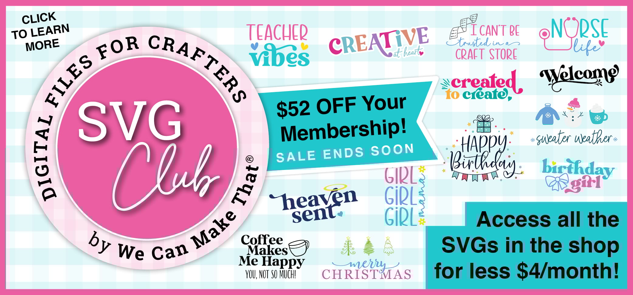 SVG Club pink logo with mockup svgs on a light teal buffalo check background.