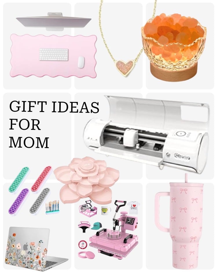 Collage of craft items on a grey squared background.