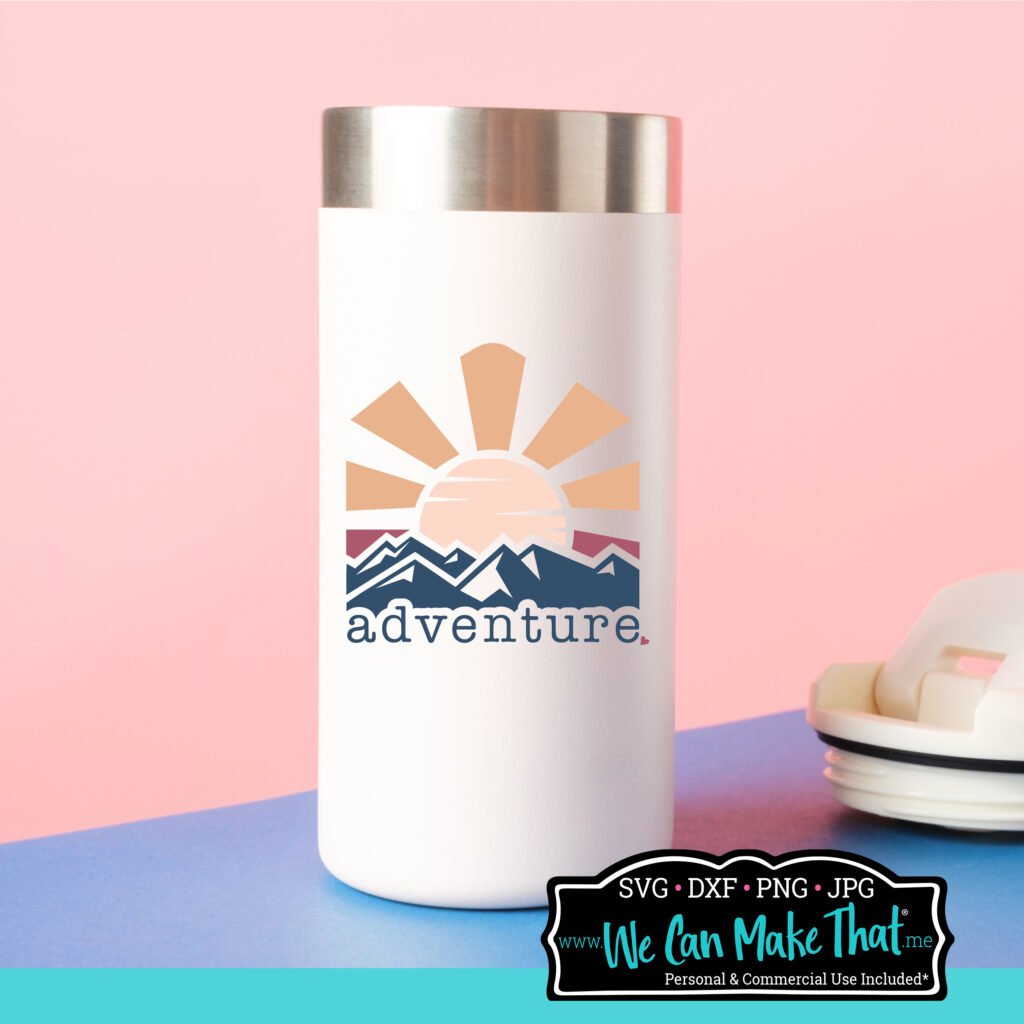 White stainless steel tumbler with a vibrant ‘adventure’ design showing a sun rising over geometric mountains. Design by We Can Make That.