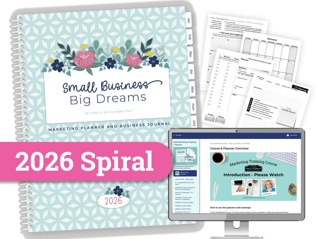 Teal planner cover and sample pages with monitor mockup for small business marketing planner.