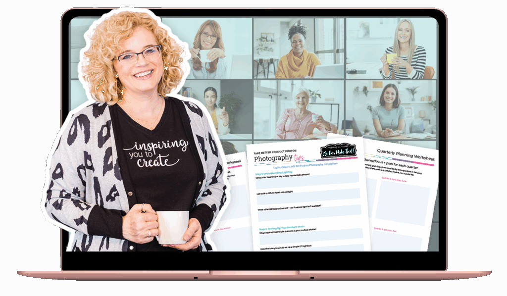 Laptop open with mockup of lady smiling at camera and worksheets.