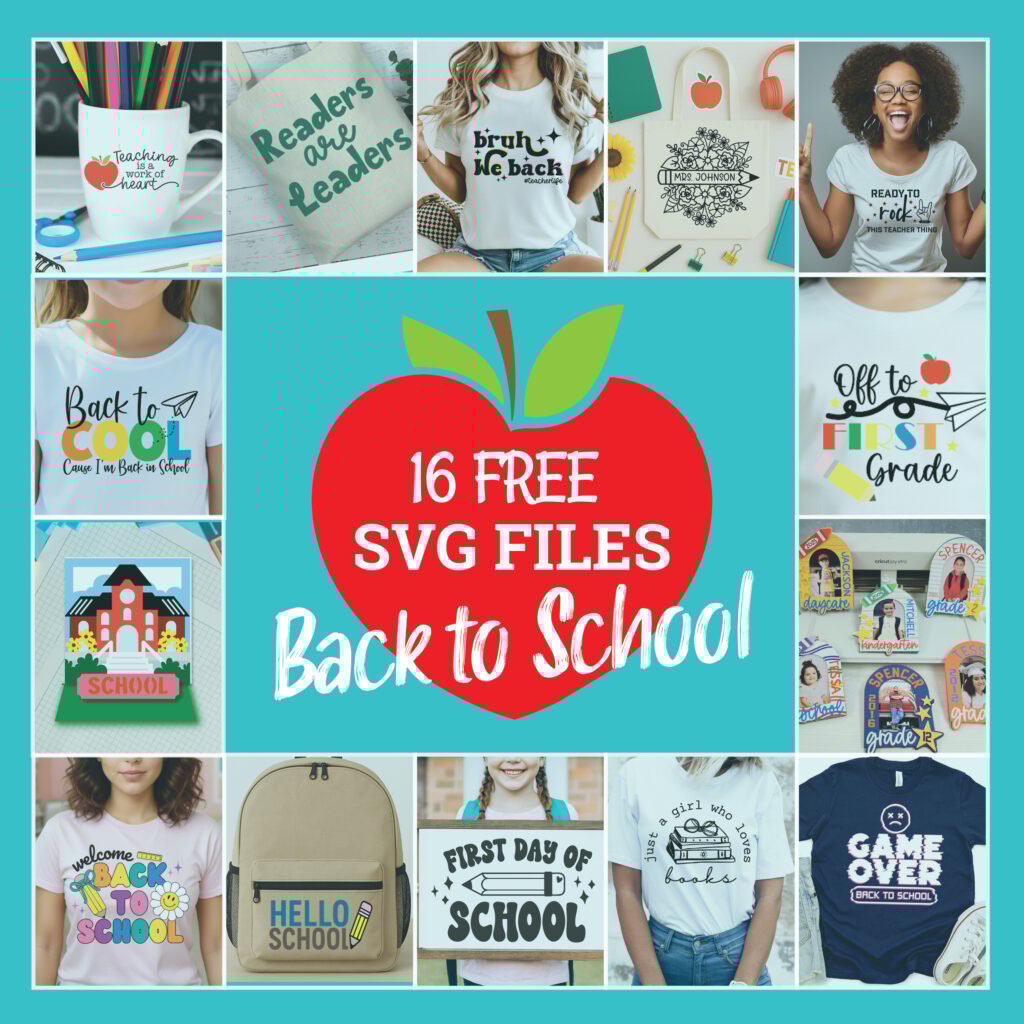 Collage of back to school SVGs in mockup form on a teal background.