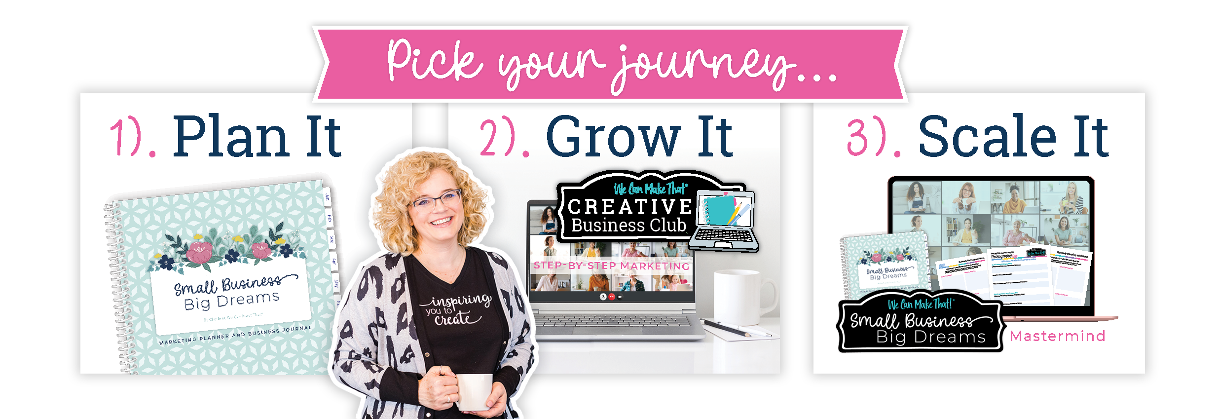 Lady smiling at camera holding coffee cup and marketing program logos.