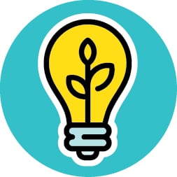 Yellow Light bulb icon on teal circle.