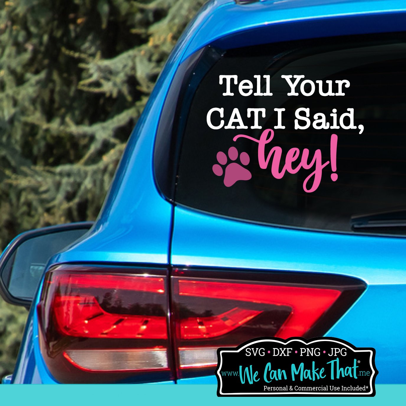 Blue car with cat window decal.