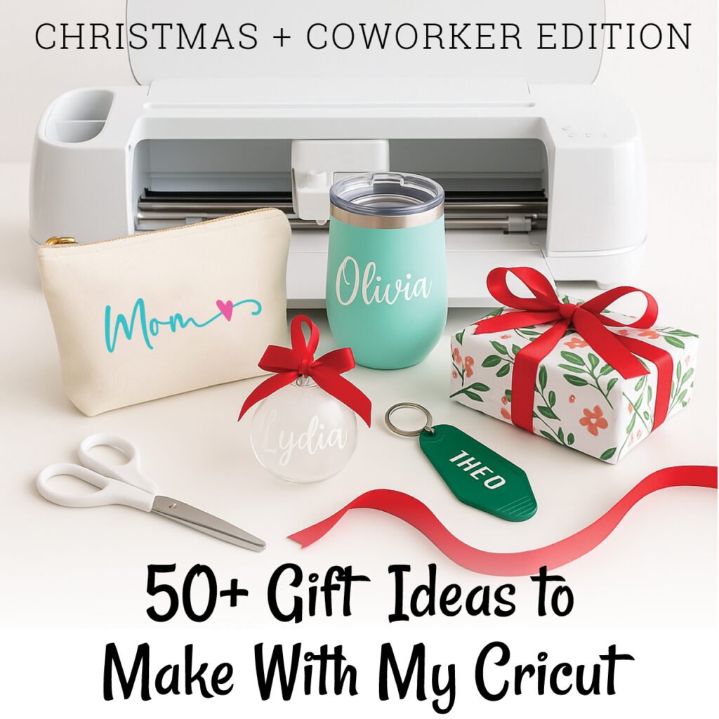 Cricut mockup with samples of gift ideas on a white desk, made with AI.
