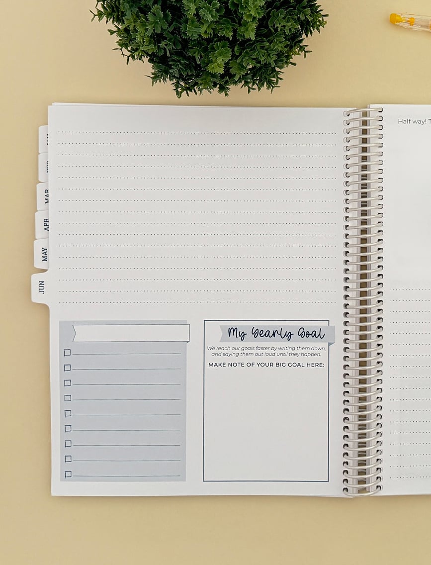 Small Business planner on yellow desktop open to tab pages.