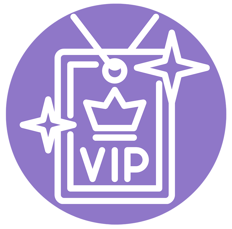 Purple Circle with VIP badge graphic.