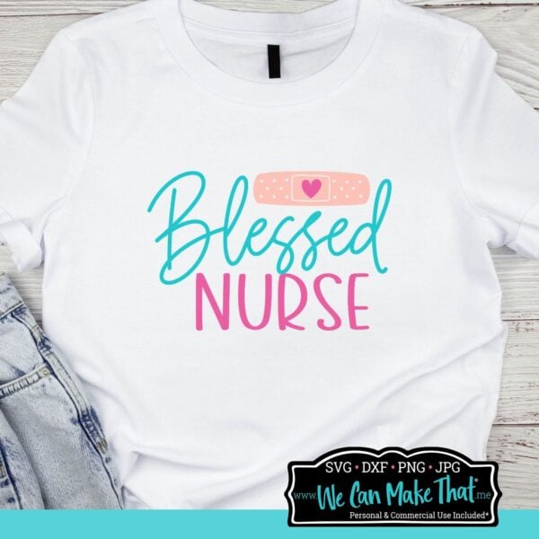 White tee mockup with blessed nurse SVG design with bandaide and hear.