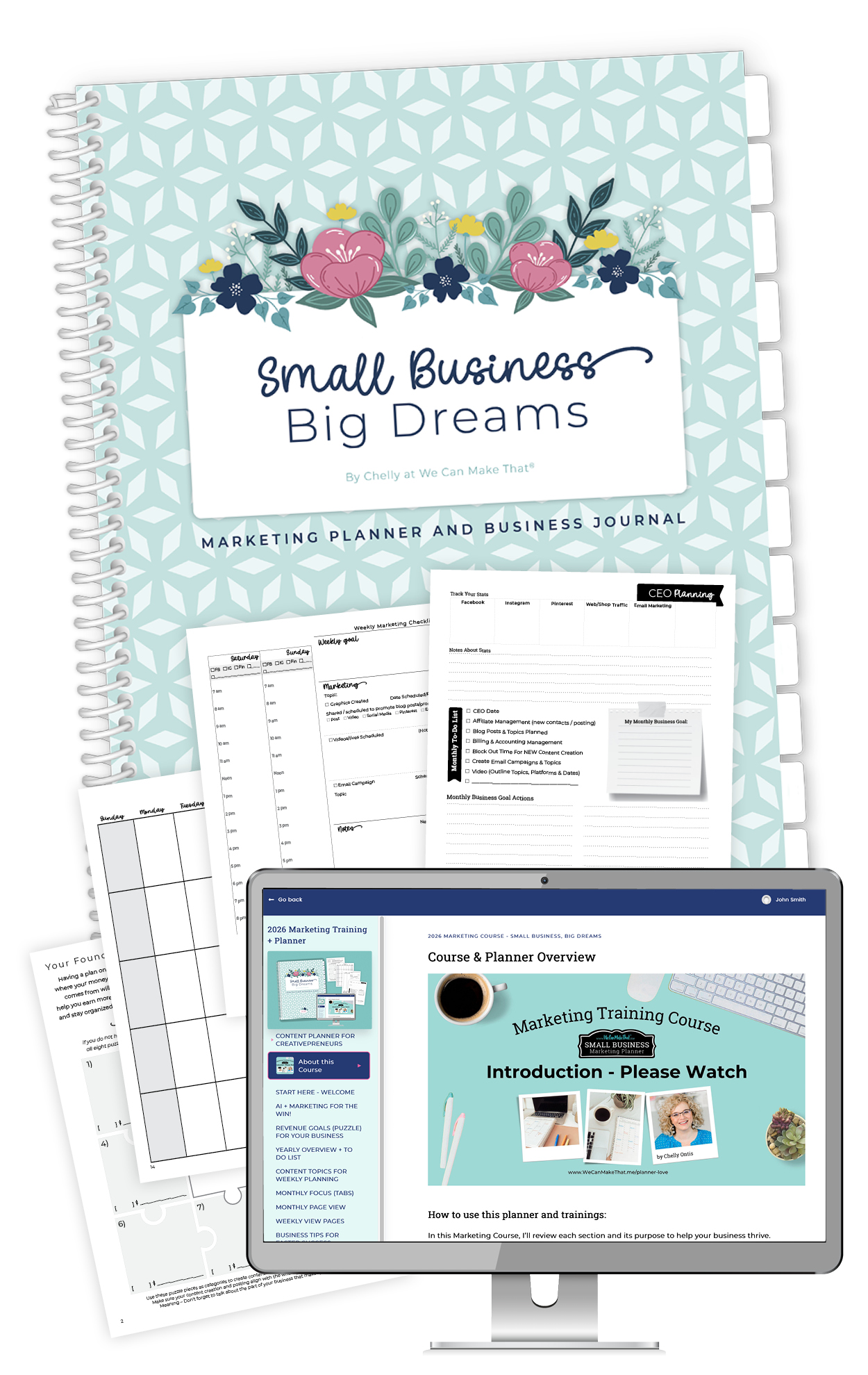 Small business computer and planner collage.